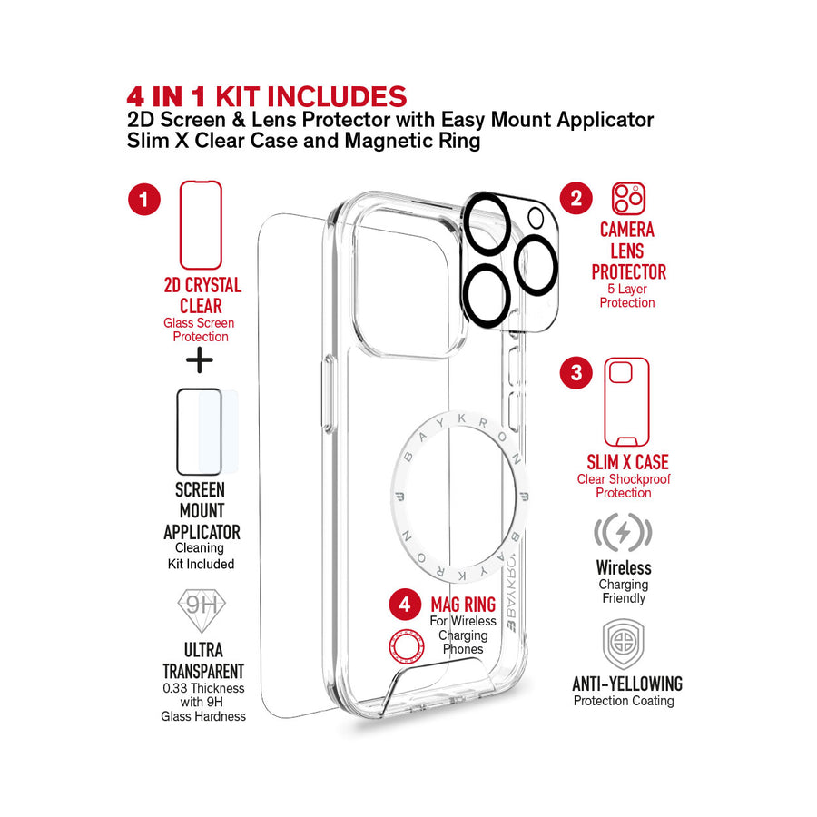 BAYKRON Smart Slim X 4 in 1 Kit for iPhone 15 Pro 6.1" includes 2D Clear Screen & Lens Protector, Slim X Case and Mag Ring - Clear