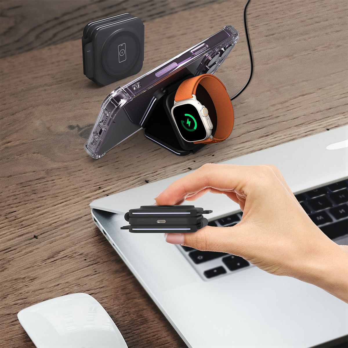 BAYKRON Premium Trio Folding Charger 3 in 1 magnetic wireless MagSafe® compatible charging, includes USB-C to USB-C 1.2m cable - Black