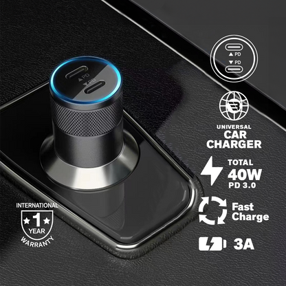 BASIC Car Charger Dual USB-C 40W PD 3.0 PORTS Aluminium Alloy Fast Charging with LED