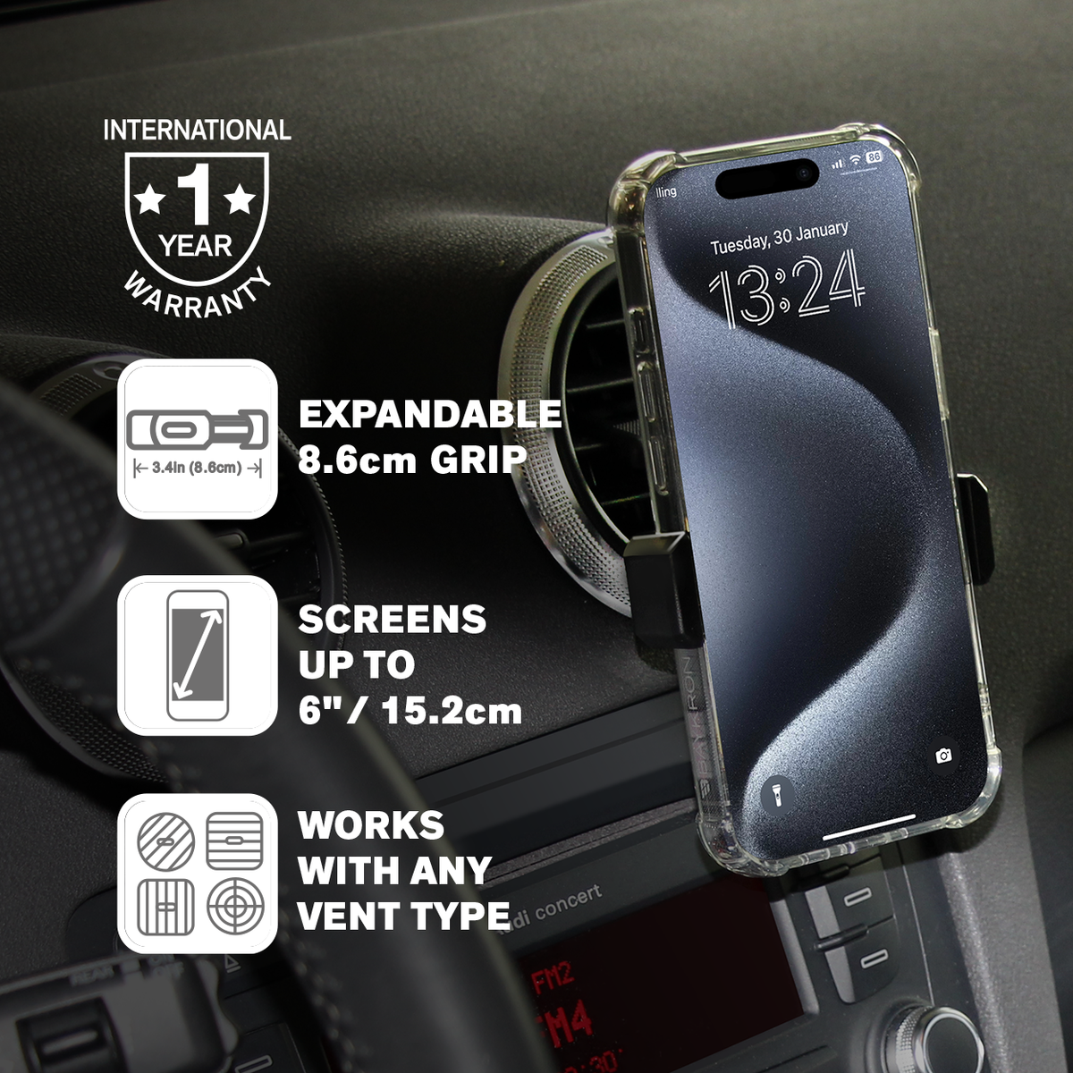 BASIC Car Vent Mount Adjustible Smartphone Holder - Fits screens up to 6in-8.6cm wide
