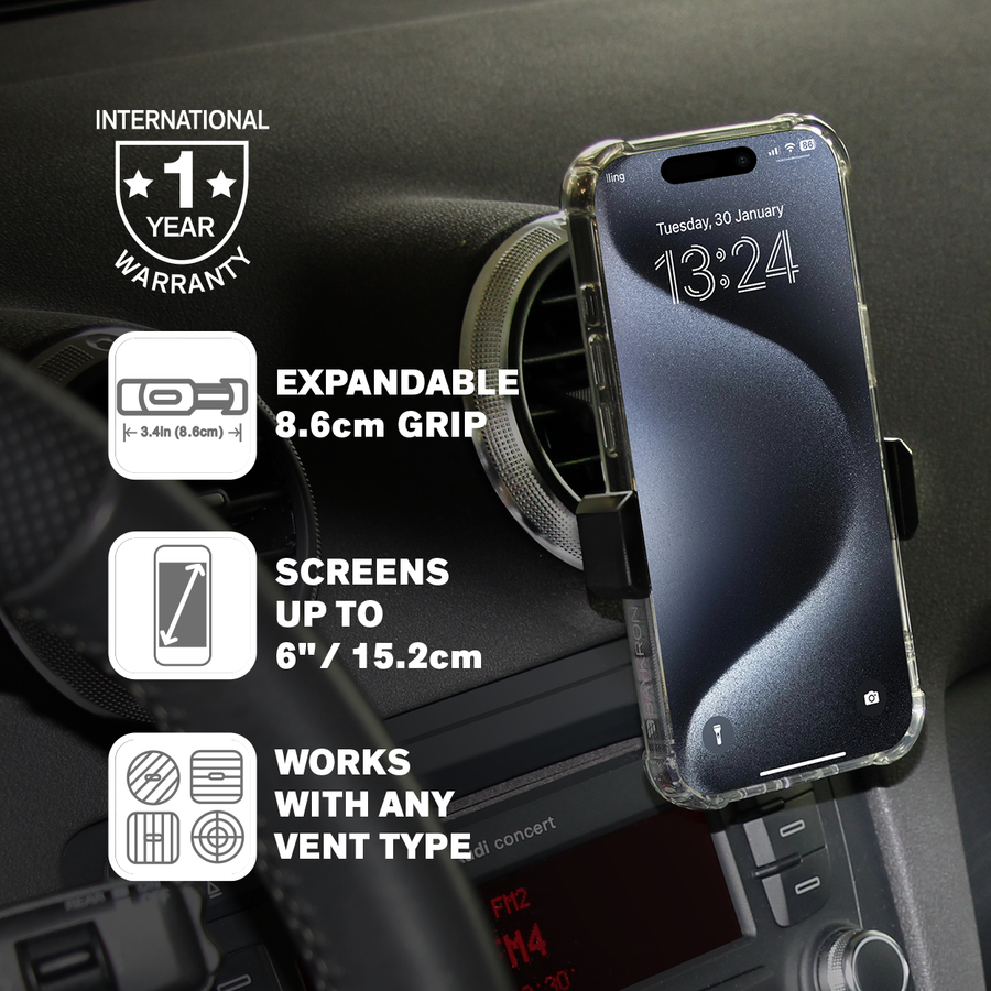 BASIC CAR VENT MOUNT ADJUSTIBLE SMARTPHONE HOLDER  Fits screens up to 6â€? Screens 8.6cm wide