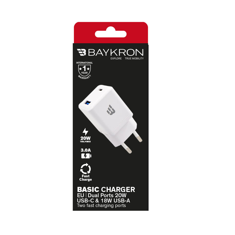 BASIC CHARGER EU Dual Ports 20W USB-C & 18W USB-A Two fast charging ports - White