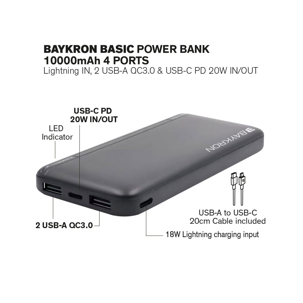 BASIC Power Bank 10000 mAh, USB-C PD 20W and USB-A QC 3.0 - Black