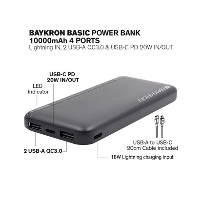 BASIC Power Bank 10000 mAh, USB-C PD 20W and USB-A QC 3.0 - Black