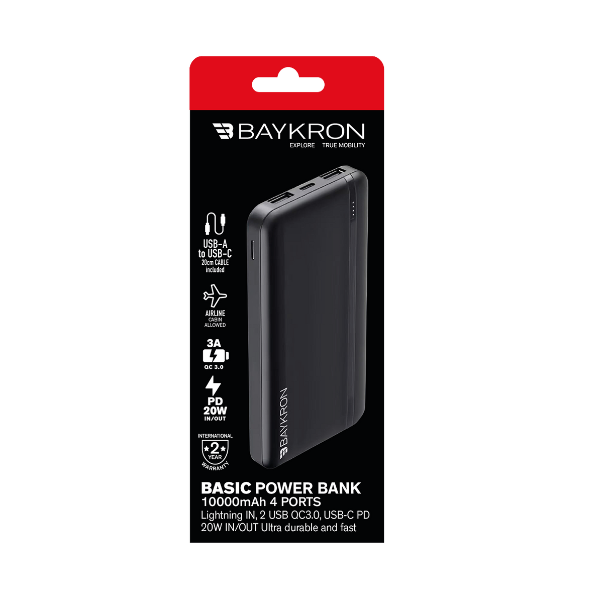 BASIC Power Bank 10000 mAh, USB-C PD 20W and USB-A QC 3.0 - Black