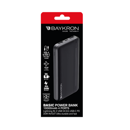 BASIC Power Bank 10000 mAh, USB-C PD 20W and USB-A QC 3.0 - Black
