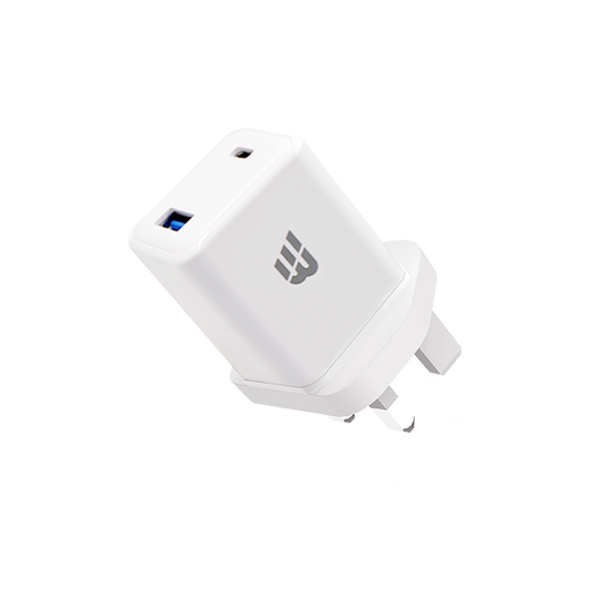BASIC CHARGER UK Dual Ports 20W USB-C & 18W USB-A Two fast charging ports - White