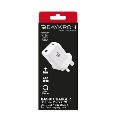 BASIC CHARGER UK Dual Ports 20W USB-C & 18W USB-A Two fast charging ports - White