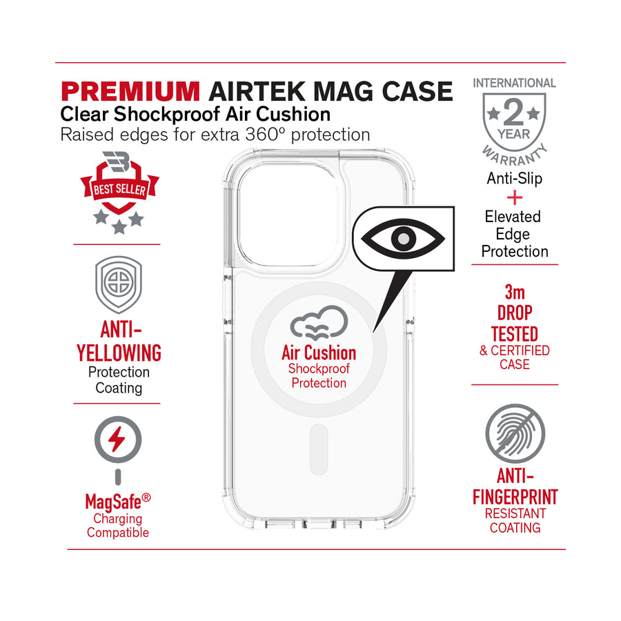 BAYKRON Premium AirTek Pro Mag Case for iPhone® 15 Pro 6.1" with Air Cushion Shockproof Protection and MagSafe® Compatible - Clear