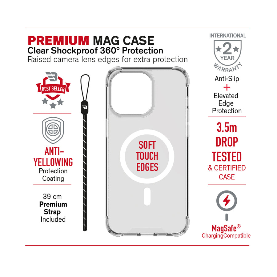 BAYKRON Premium Mag Case  for iPhone® 15 Pro 6.1" with Deluxe Nylon Carry Strap - Shockproof and Anti-fingerprint - Clear
