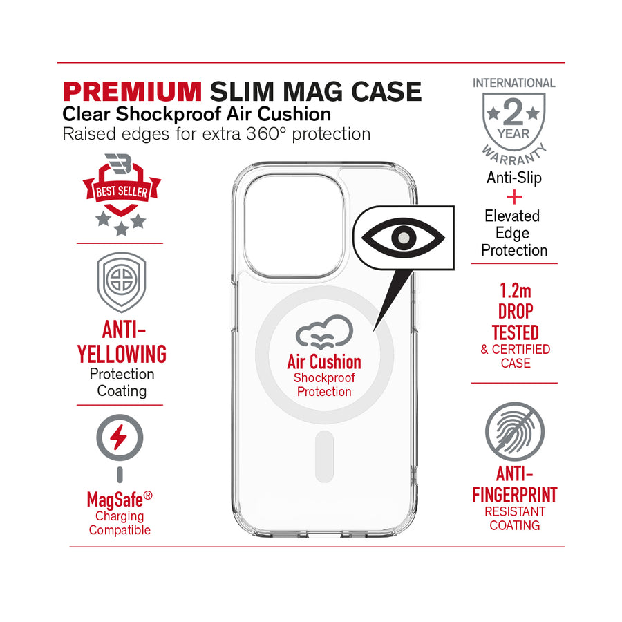 BAYKRON Premium Slim Mag Case for iPhone® 15 Pro Max 6.7" with Air Cushion Shockproof Protection and MagSafe® Compatible - Clear