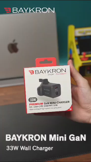 BAYKRON Premium 33W GaN Mini Ultra Fast Wall Charger with USB-C 33W for Standard UK wall outlets
