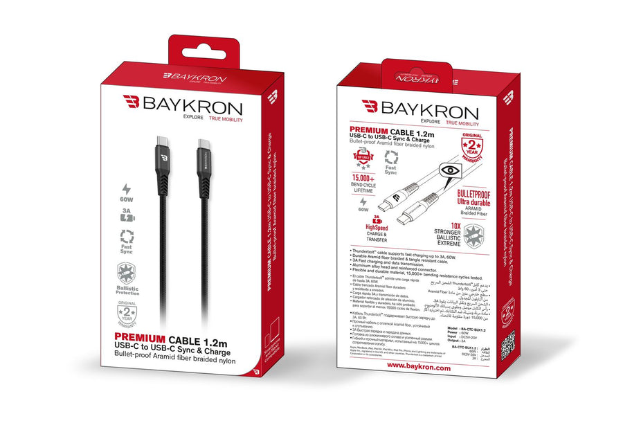BAYKRON Premium 1.2M USB-C to USB-C, Charge and Sync with Ultra Durable Bullet-Proof Aramid Fiber Exterior