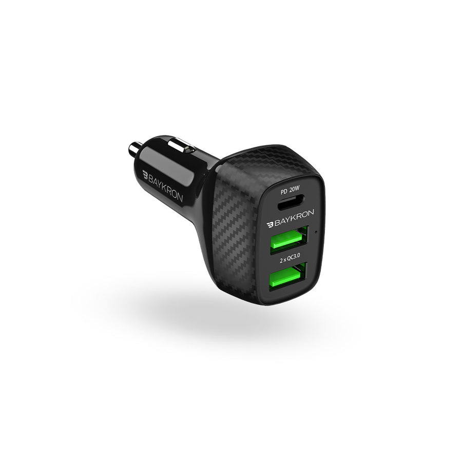 BAYKRON Smart Car Charger with 3 Charging Ports; 2 QC3.0 technology Ports and USB Type-C™ Power Delivery 20W