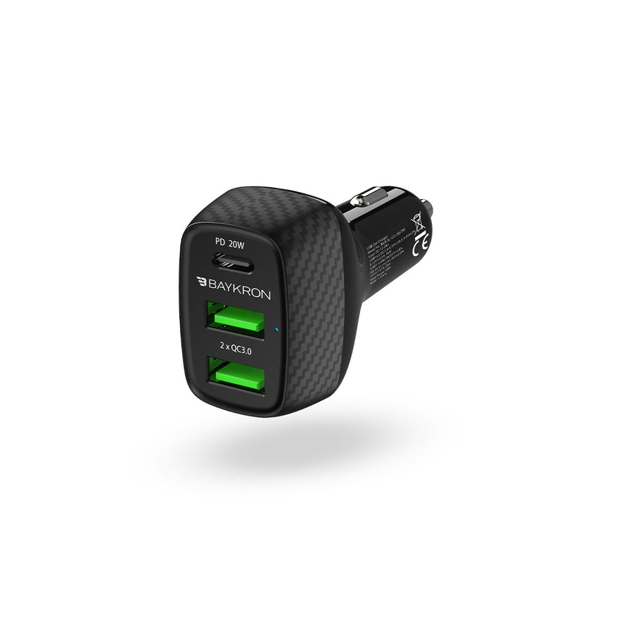 BAYKRON Smart Car Charger with 3 Charging Ports; 2 QC3.0 technology Ports and USB Type-C™ Power Delivery 20W