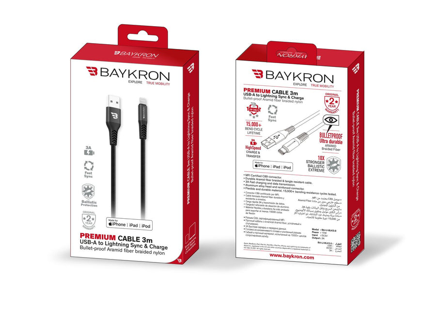 BAYKRON Premium 3M USB-A to Lightning® Cable, Apple® MFI Certified, Charge and Sync with Ultra Durable Bullet-Proof Aramid Fiber Exterior
