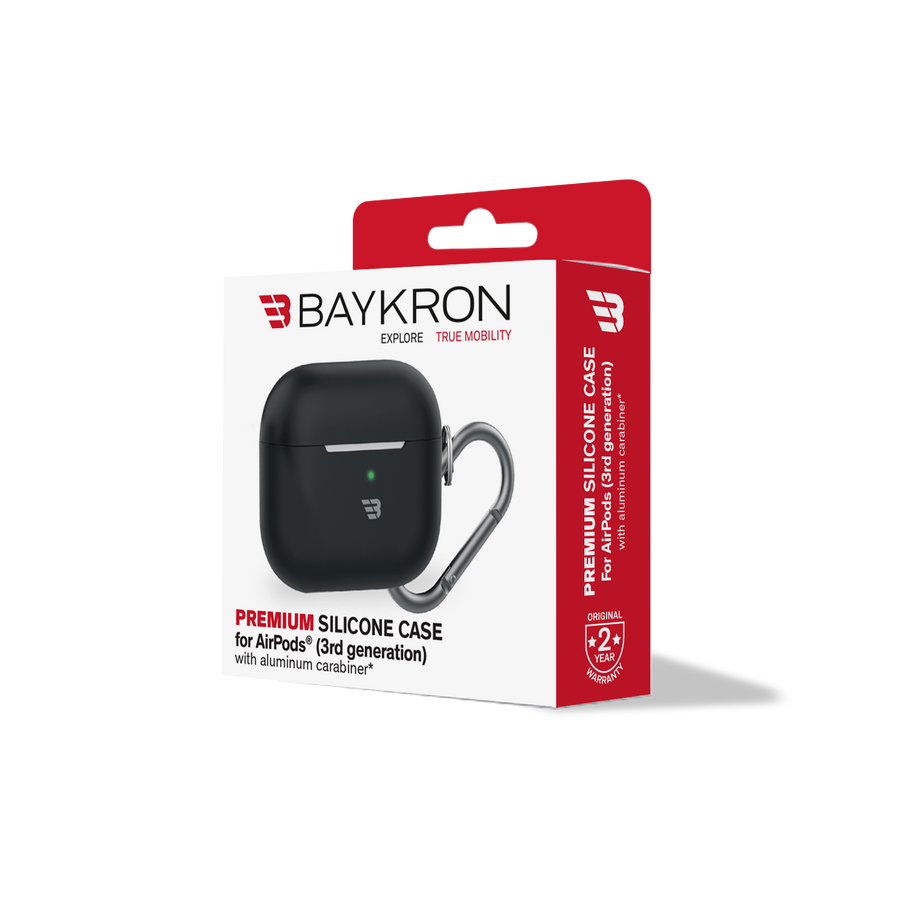 BAYKRON Premium Silicone Protective Case for AirPods® 3rd Generation, Impact Resistant and Wireless Charging Compatible, Includes Carabiner - Black