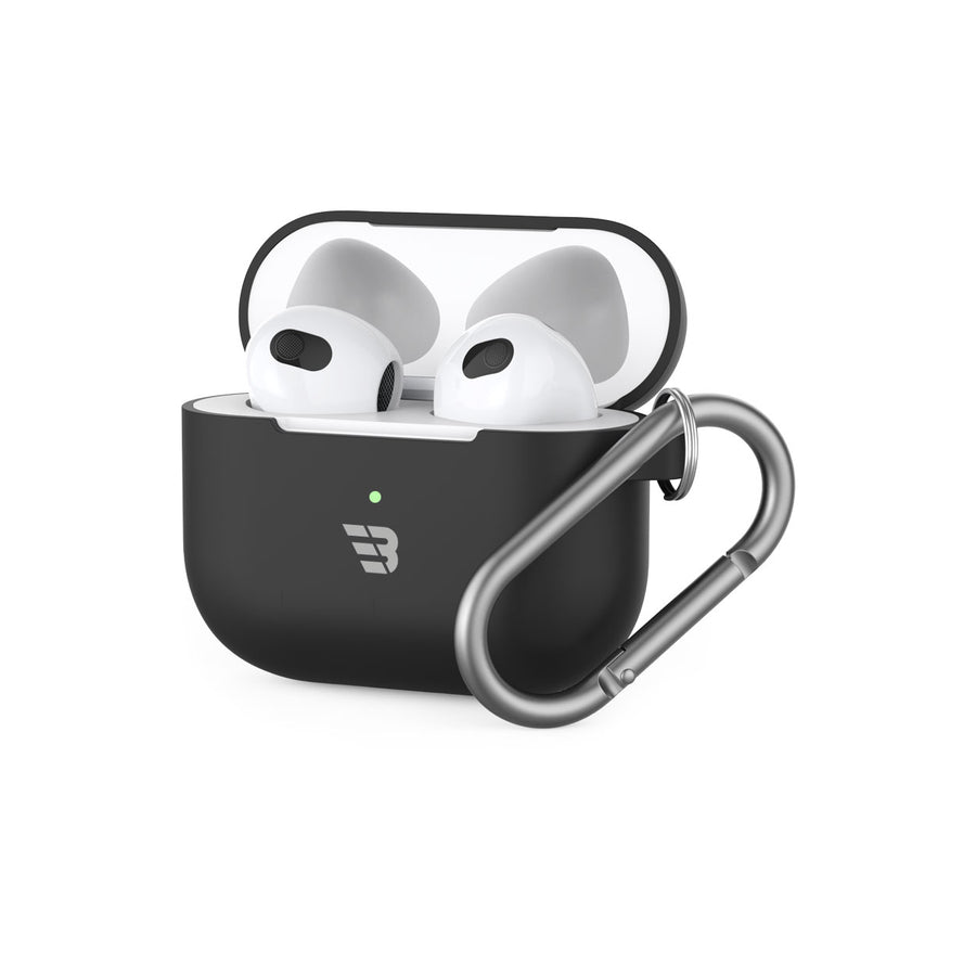 BAYKRON Premium Silicone Protective Case for AirPods® 3rd Generation, Impact Resistant and Wireless Charging Compatible, Includes Carabiner - Black