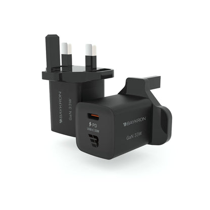 BAYKRON Premium 33W GaN Mini Ultra Fast Wall Charger with USB-C 33W for Standard UK wall outlets