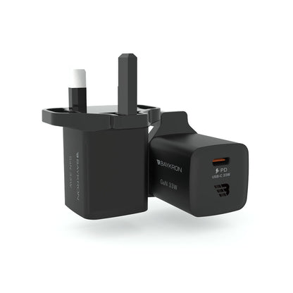 BAYKRON Premium 33W GaN Mini Ultra Fast Wall Charger with USB-C 33W for Standard UK wall outlets
