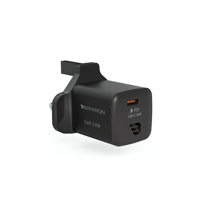 BAYKRON Premium 33W GaN Mini Ultra Fast Wall Charger with USB-C 33W for Standard UK wall outlets
