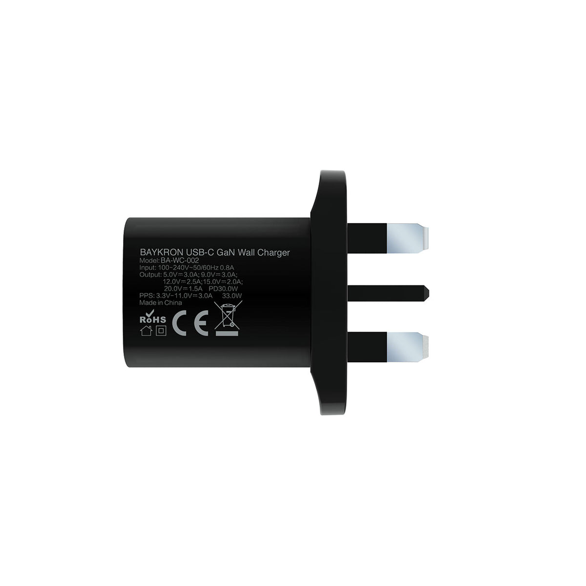 BAYKRON Premium 33W GaN Mini Ultra Fast Wall Charger with USB-C 33W for Standard UK wall outlets