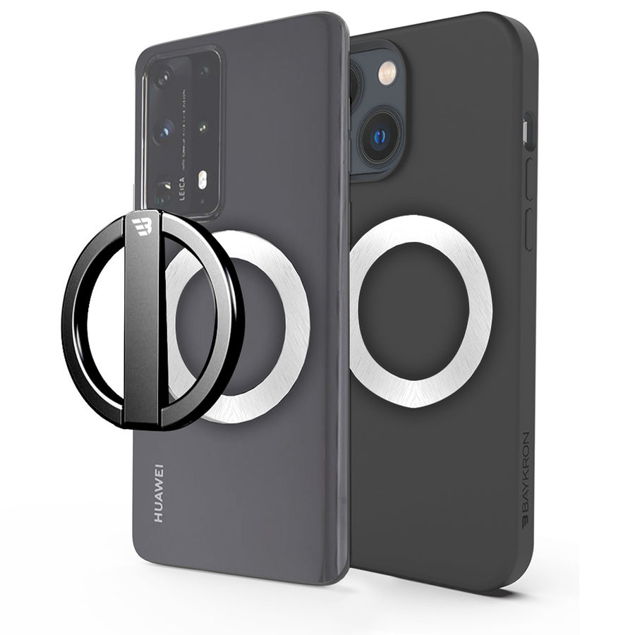 BAYKRON Premium Mag Stand Compact Magnetic Stand with included magnetic ring for all cases and smartphones - Black