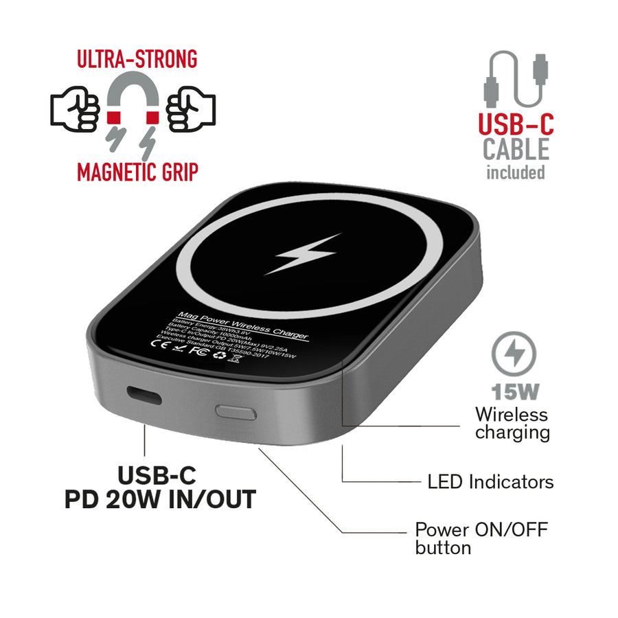 BAYKRON Compact Mag Power, Wireless Magnetic Charger 10000 mAh, USB-C PD 20W port – Metallic Gray