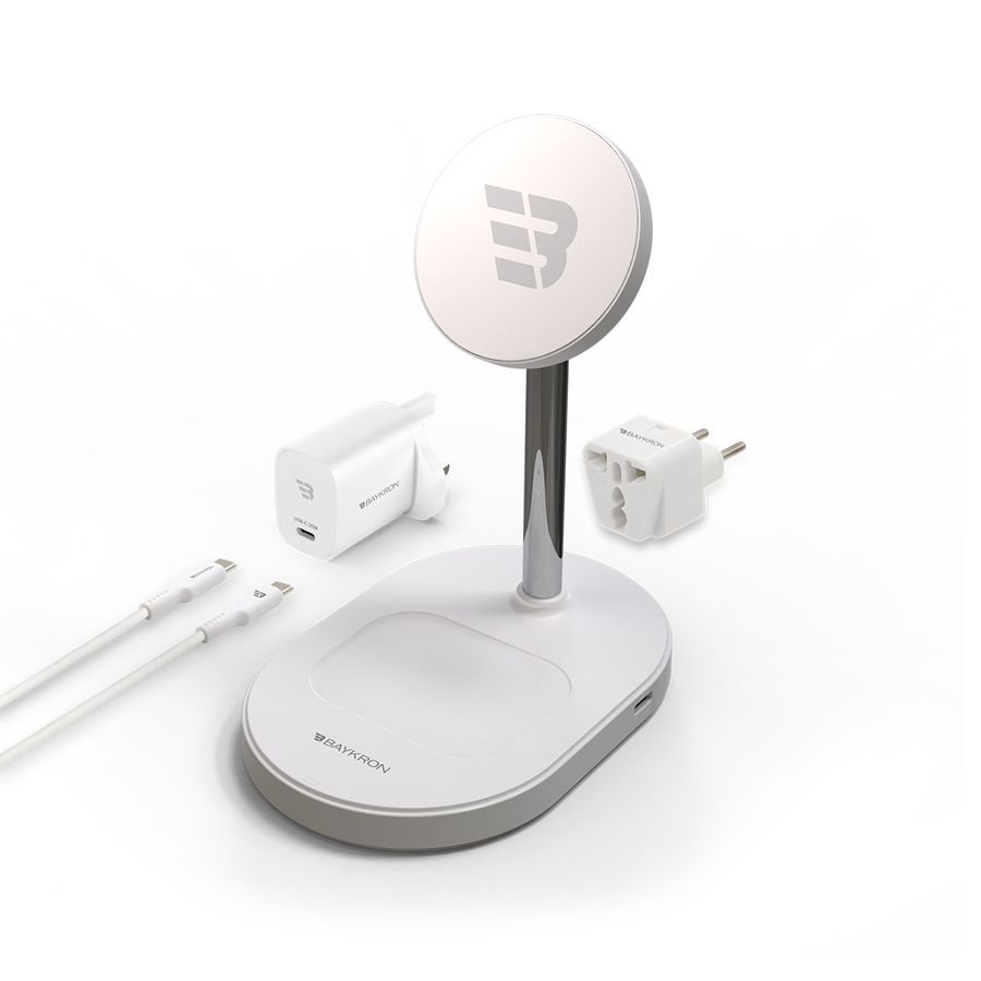 BAYKRON Premium 3 in 1 Magnetic Wireless Stand, MagSafe® compatible charging, includes USB-C to USB-C 2m cable and EU adapter - White