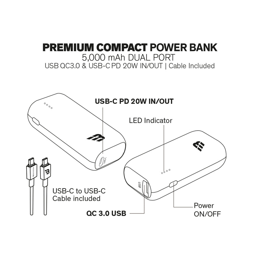 BAYKRON Compact Power Bank 5000 mAh, USB-C PD 20W and QC 3.0 ports - B –  Baykron International