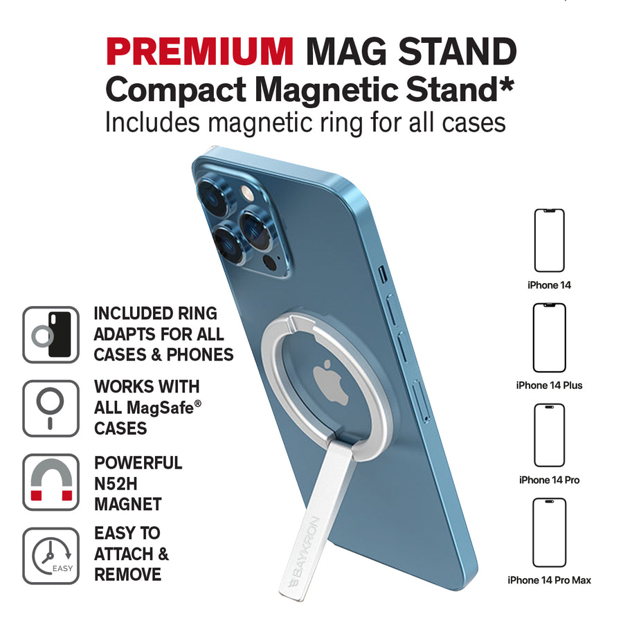 BAYKRON Premium Mag Stand Compact Magnetic Stand with included magnetic ring for all cases and smartphones - Silver