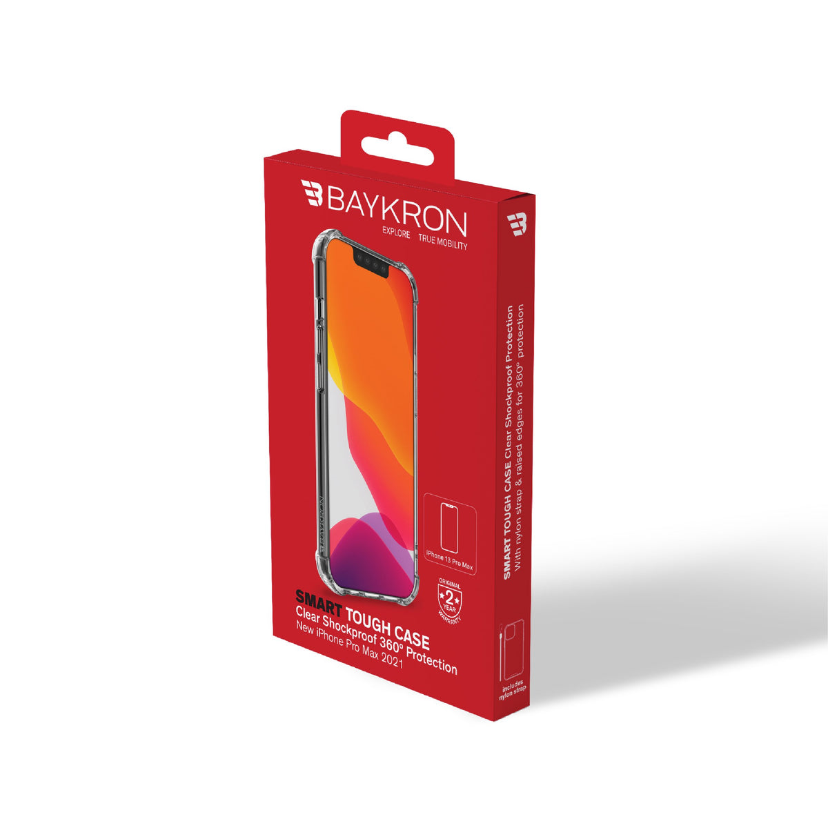 BAYKRON Smart Tough Case for iPhone 13 Pro Max 6.7" with Nylon Carry Strap - Shockproof, Crystal Clear with Anti-Yellowing Technology