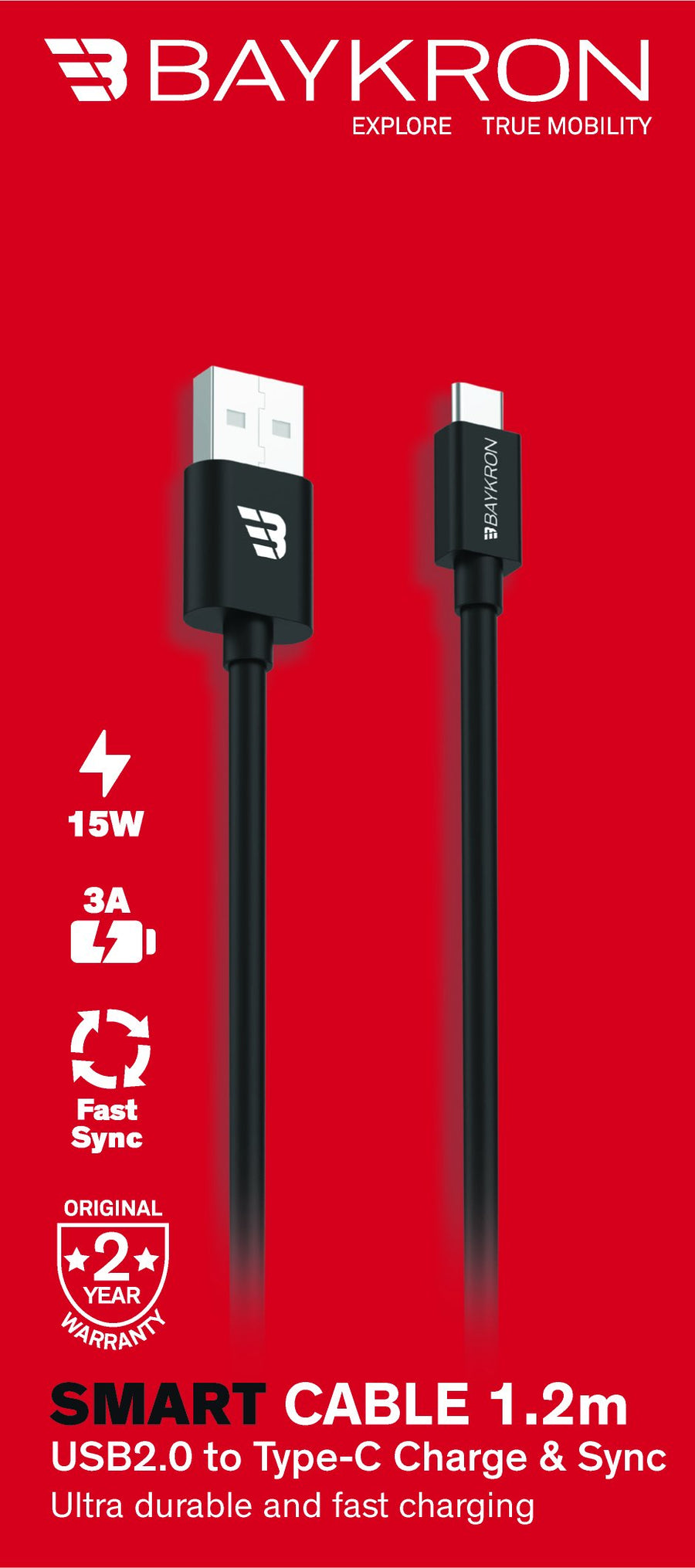 BAYKRON 1.2M Smart USB-C to USB-A Fast Charging Cable, 3.0A Black