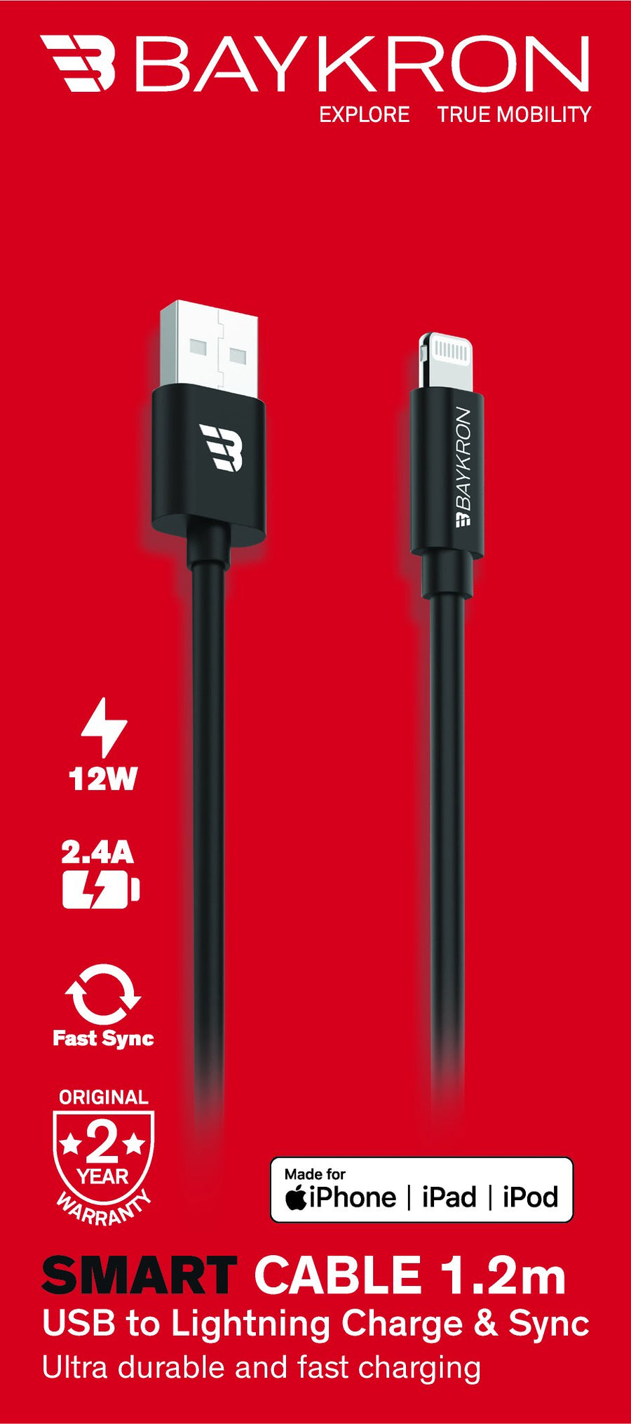 BAYKRON 1.2M Smart Cable Apple® MFI Certified USB-A to Lightning®, 2.4A