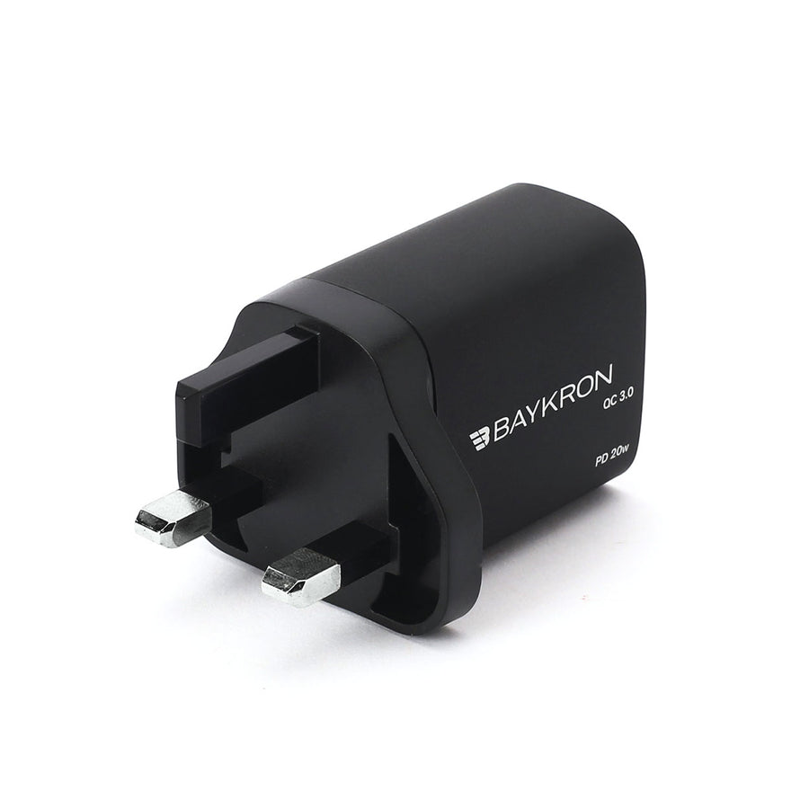 BAYKRON 36W Fast Charging Dual Port Wall Charger with Type-C™ Power Delivery 20W + QC3.0 technology for UK Standard Outlets