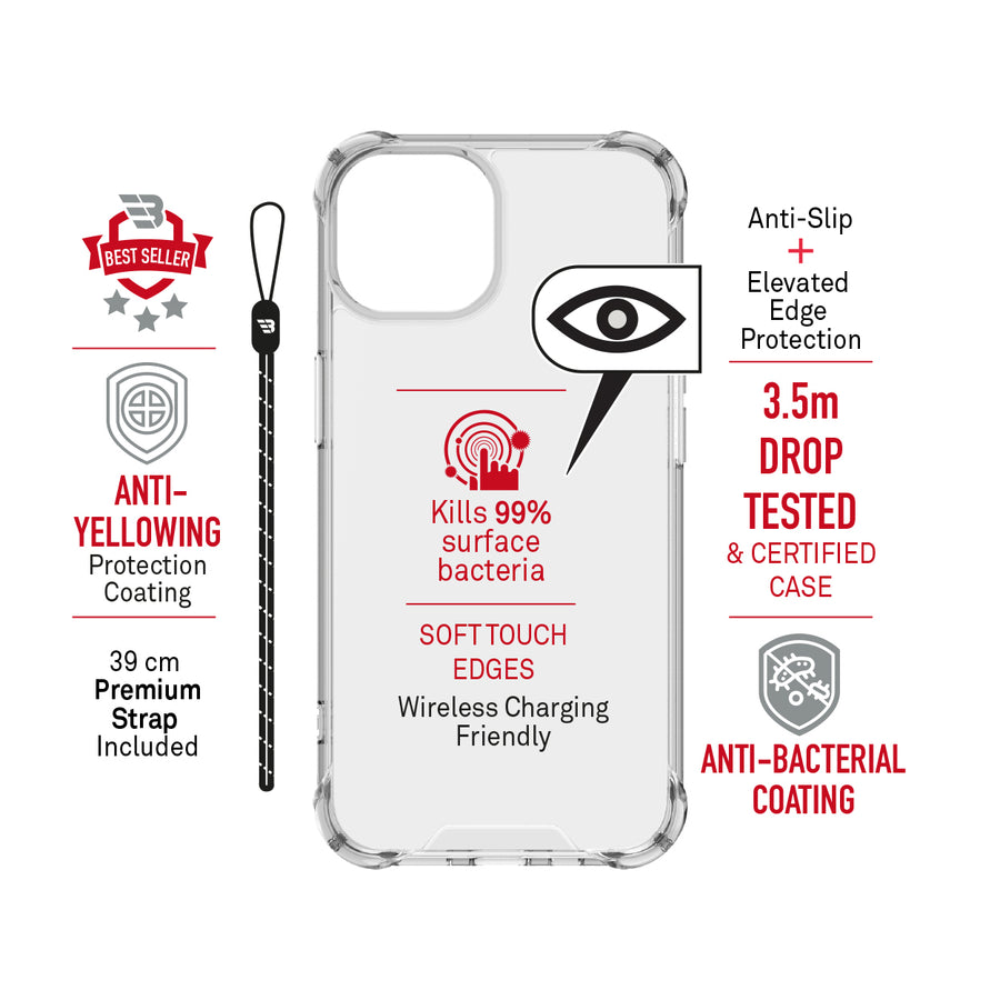 BAYKRON Premium Tough Case for iPhone® 14 6.1â€? with Deluxe Nylon Carry Strap - Shockproof and Antibacterial - Clear